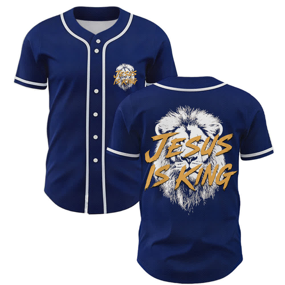 Christianartworkshop Jesus Is King Lion Graphic Mesh Baseball Jersey - Marine - 5XL - image 0
