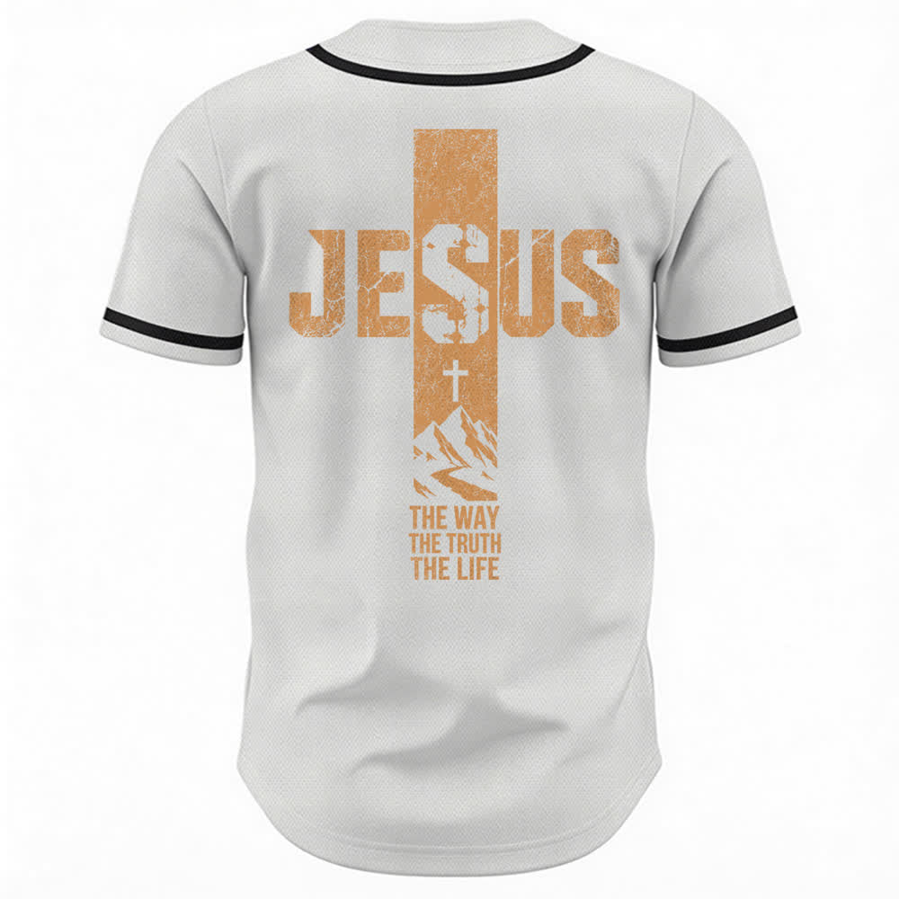 Christianartworkshop Baseballtrikot mit Jesus-Kreuz-Motiv, Used-Look, Mesh-Einsatz und Knopfleiste - image 1