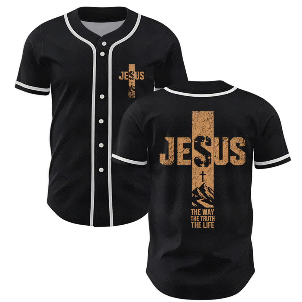 Christianartworkshop Baseballtrikot mit Jesus-Kreuz-Motiv, Used-Look, Mesh-Einsatz und Knopfleiste - Schwarz - 5XL - image 7