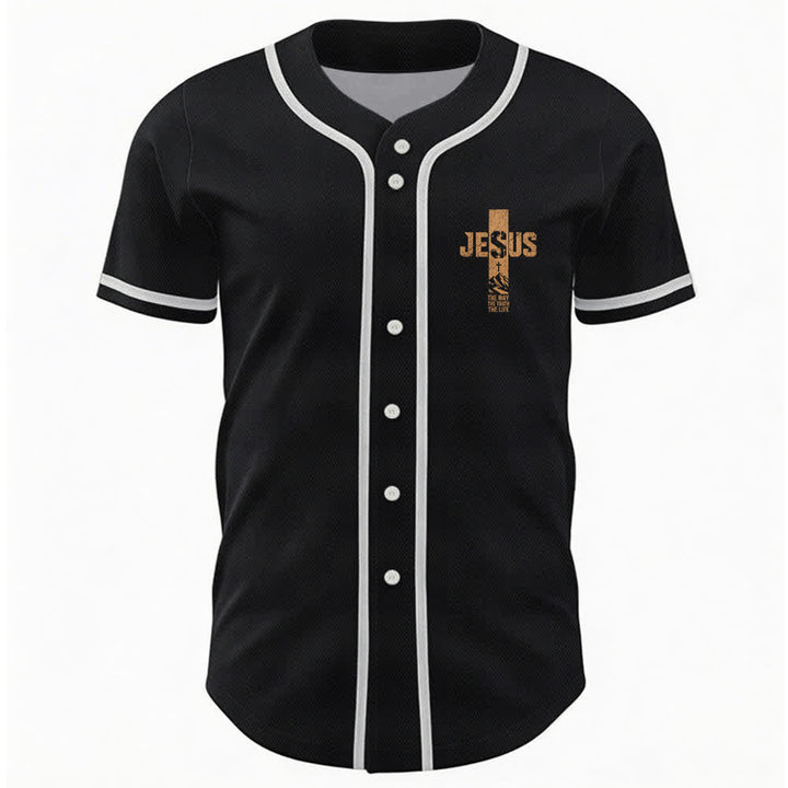 Christianartworkshop Baseballtrikot mit Jesus-Kreuz-Motiv, Used-Look, Mesh-Einsatz und Knopfleiste - image 9