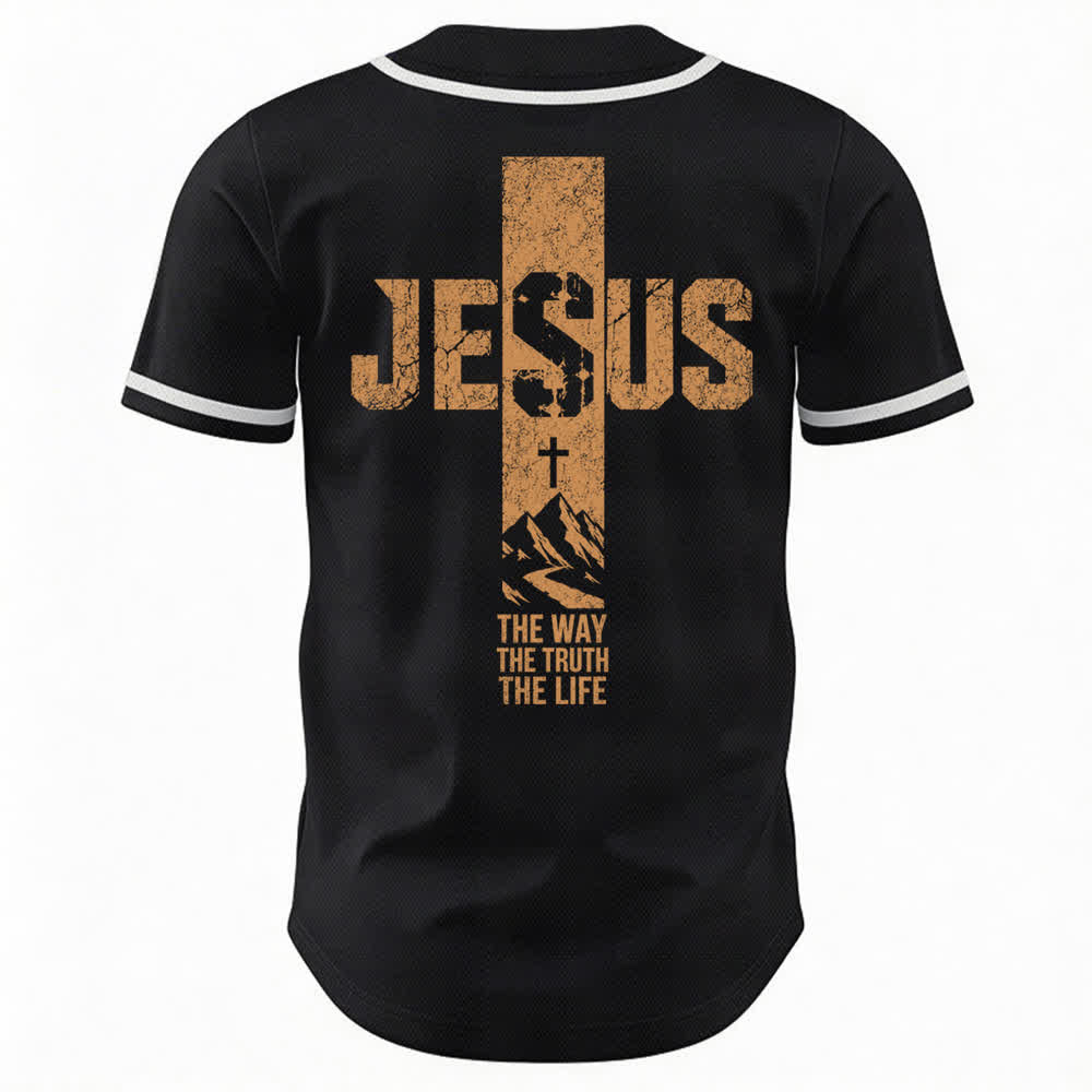 Christianartworkshop Baseballtrikot mit Jesus-Kreuz-Motiv, Used-Look, Mesh-Einsatz und Knopfleiste - image 8