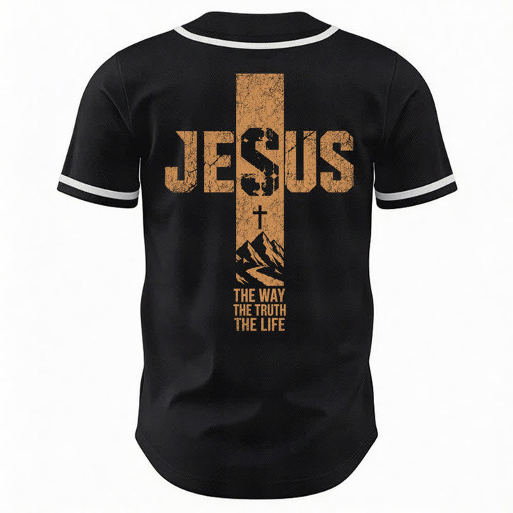 Christianartworkshop Baseballtrikot mit Jesus-Kreuz-Motiv, Used-Look, Mesh-Einsatz und Knopfleiste - image 8