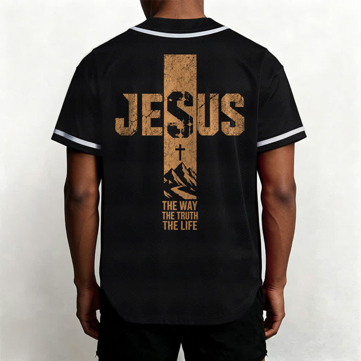 Christianartworkshop Baseballtrikot mit Jesus-Kreuz-Motiv, Used-Look, Mesh-Einsatz und Knopfleiste - image 12