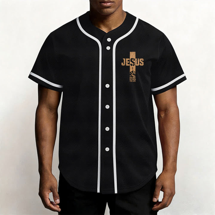 Christianartworkshop Baseballtrikot mit Jesus-Kreuz-Motiv, Used-Look, Mesh-Einsatz und Knopfleiste - image 13