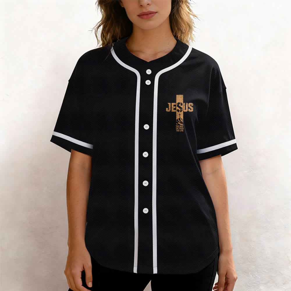 Christianartworkshop Baseballtrikot mit Jesus-Kreuz-Motiv, Used-Look, Mesh-Einsatz und Knopfleiste - image 11