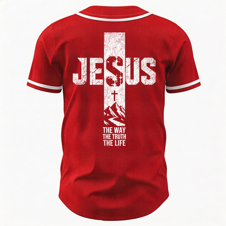 Christianartworkshop Baseballtrikot mit Jesus-Kreuz-Motiv, Used-Look, Mesh-Einsatz und Knopfleiste - image 15
