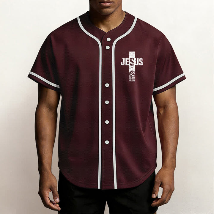 Christianartworkshop Baseballtrikot mit Jesus-Kreuz-Motiv, Used-Look, Mesh-Einsatz und Knopfleiste - image 27