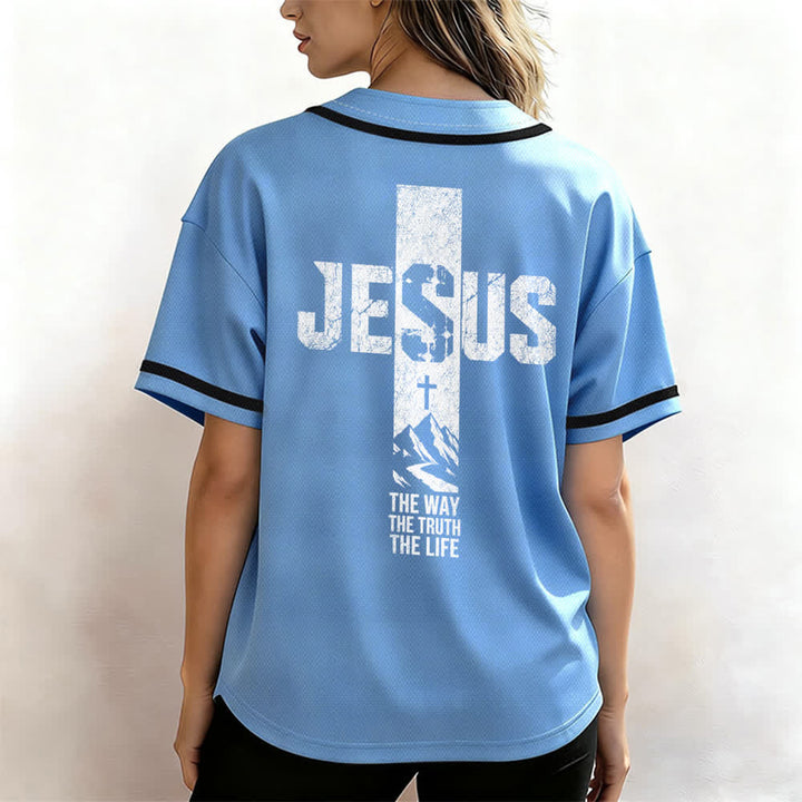 Christianartworkshop Baseballtrikot mit Jesus-Kreuz-Motiv, Used-Look, Mesh-Einsatz und Knopfleiste - image 32