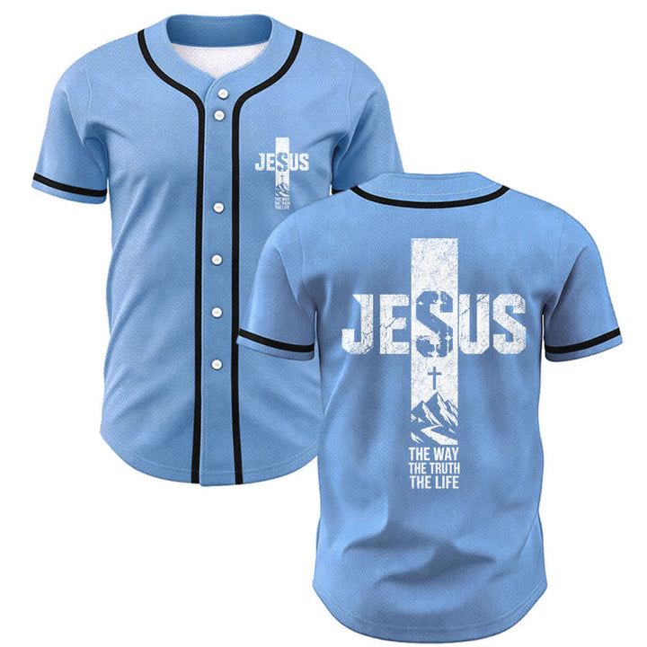 Christianartworkshop Baseballtrikot mit Jesus-Kreuz-Motiv, Used-Look, Mesh-Einsatz und Knopfleiste - Blau - 5XL - image 28