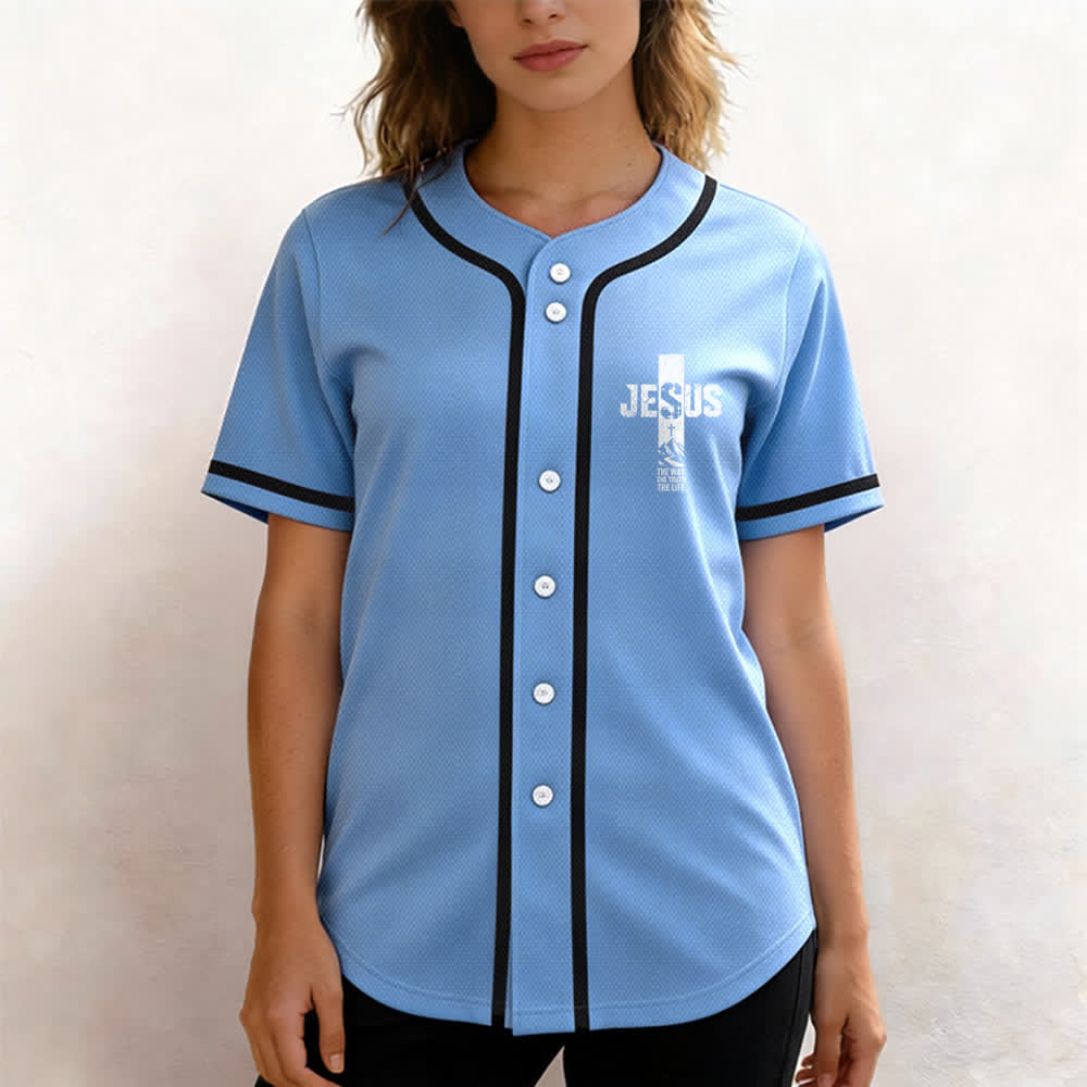 Christianartworkshop Baseballtrikot mit Jesus-Kreuz-Motiv, Used-Look, Mesh-Einsatz und Knopfleiste - image 31