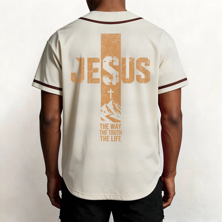 Christianartworkshop Baseballtrikot mit Jesus-Kreuz-Motiv, Used-Look, Mesh-Einsatz und Knopfleiste - image 47