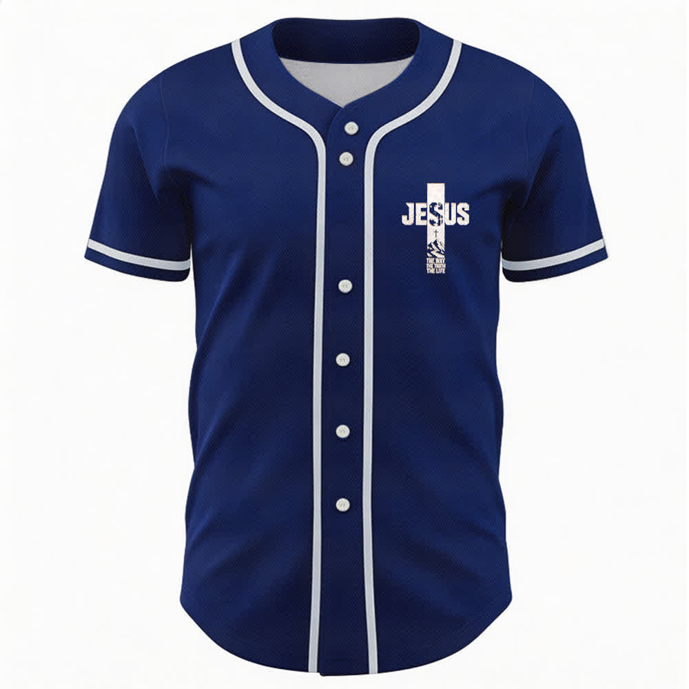 Christianartworkshop Baseballtrikot mit Jesus-Kreuz-Motiv, Used-Look, Mesh-Einsatz und Knopfleiste - image 51