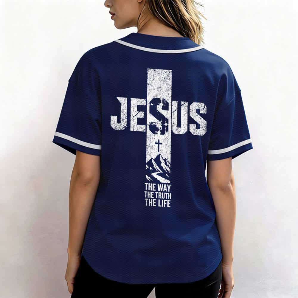 Christianartworkshop Baseballtrikot mit Jesus-Kreuz-Motiv, Used-Look, Mesh-Einsatz und Knopfleiste - image 52