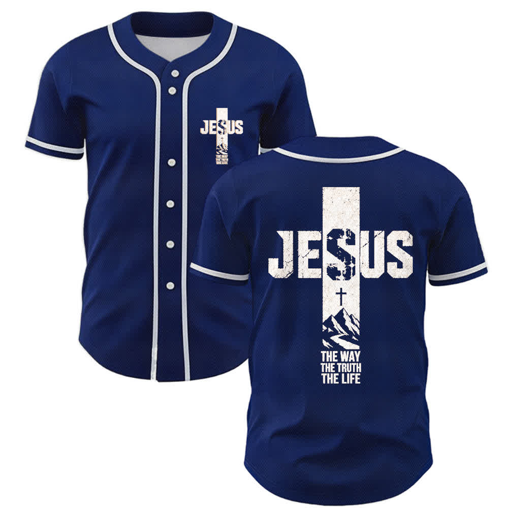 Christianartworkshop Baseballtrikot mit Jesus-Kreuz-Motiv, Used-Look, Mesh-Einsatz und Knopfleiste - Marine - 5XL - image 49