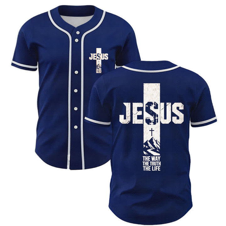 Christianartworkshop Baseballtrikot mit Jesus-Kreuz-Motiv, Used-Look, Mesh-Einsatz und Knopfleiste - Marine - 5XL - image 49