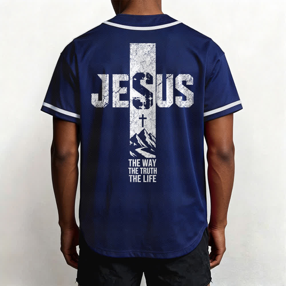 Christianartworkshop Baseballtrikot mit Jesus-Kreuz-Motiv, Used-Look, Mesh-Einsatz und Knopfleiste - image 54