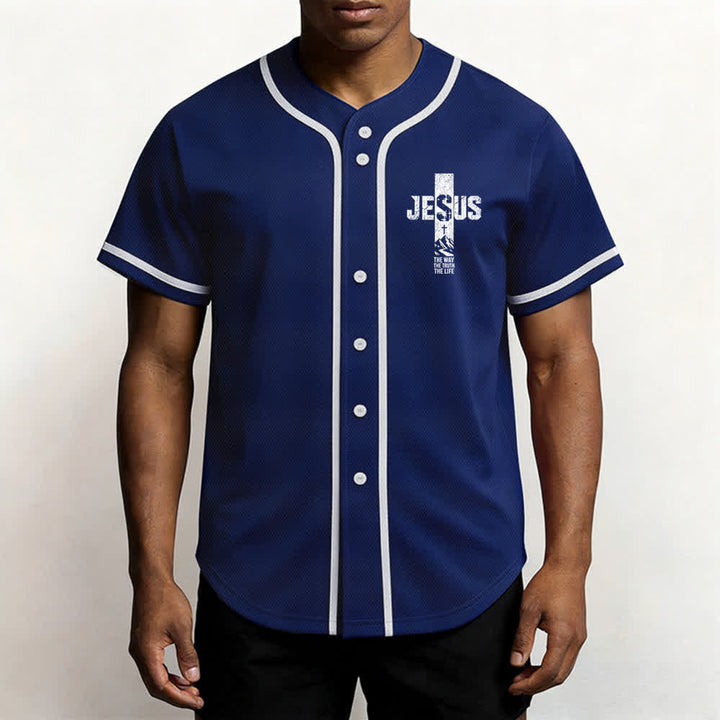 Christianartworkshop Baseballtrikot mit Jesus-Kreuz-Motiv, Used-Look, Mesh-Einsatz und Knopfleiste - image 55