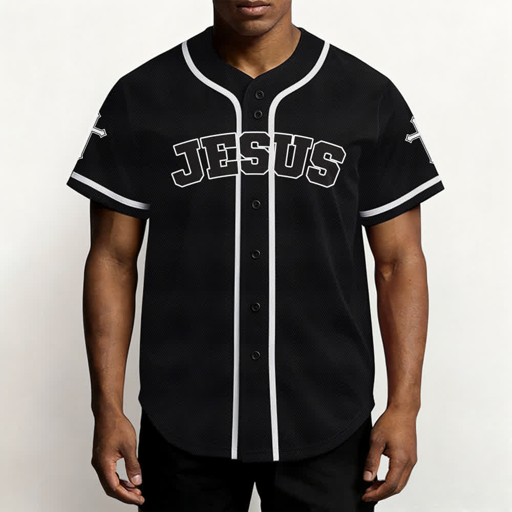 Christianartworkshop Schwarzes Baseballtrikot mit Knöpfen mit Jesus-Löwen-Motiv - image 6