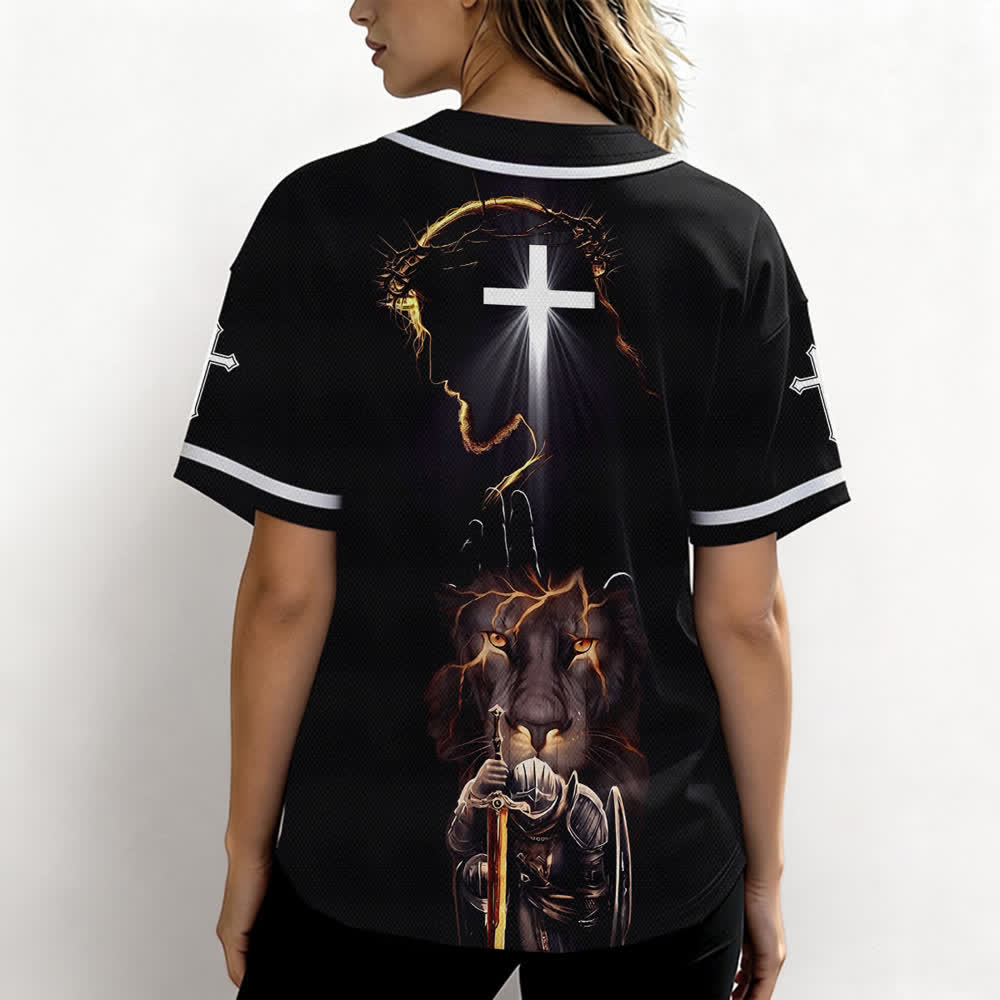 Christianartworkshop Schwarzes Baseballtrikot mit Knöpfen mit Jesus-Löwen-Motiv - image 3