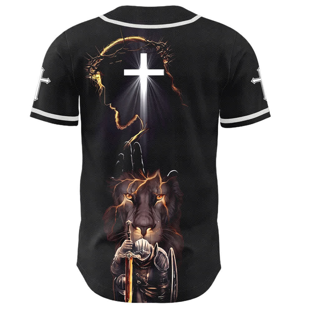 Christianartworkshop Schwarzes Baseballtrikot mit Knöpfen mit Jesus-Löwen-Motiv - image 1