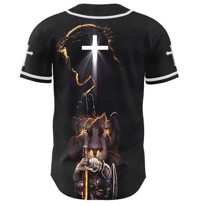 Christianartworkshop Schwarzes Baseballtrikot mit Knöpfen mit Jesus-Löwen-Motiv - image 1