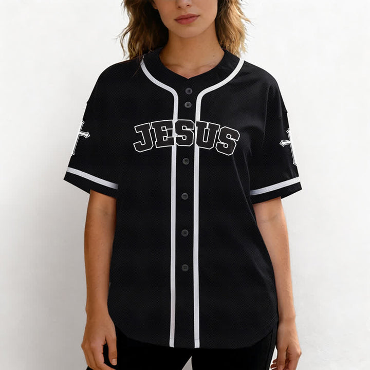 Christianartworkshop Schwarzes Baseballtrikot mit Knöpfen mit Jesus-Löwen-Motiv - image 4