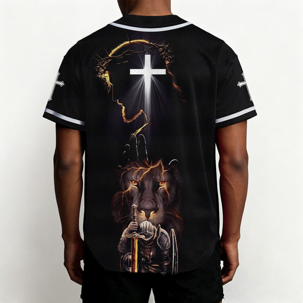 Christianartworkshop Schwarzes Baseballtrikot mit Knöpfen mit Jesus-Löwen-Motiv - image 5