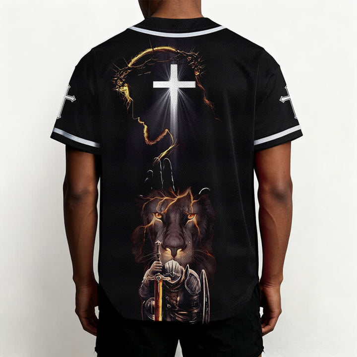 Christianartworkshop Schwarzes Baseballtrikot mit Knöpfen mit Jesus-Löwen-Motiv - image 5