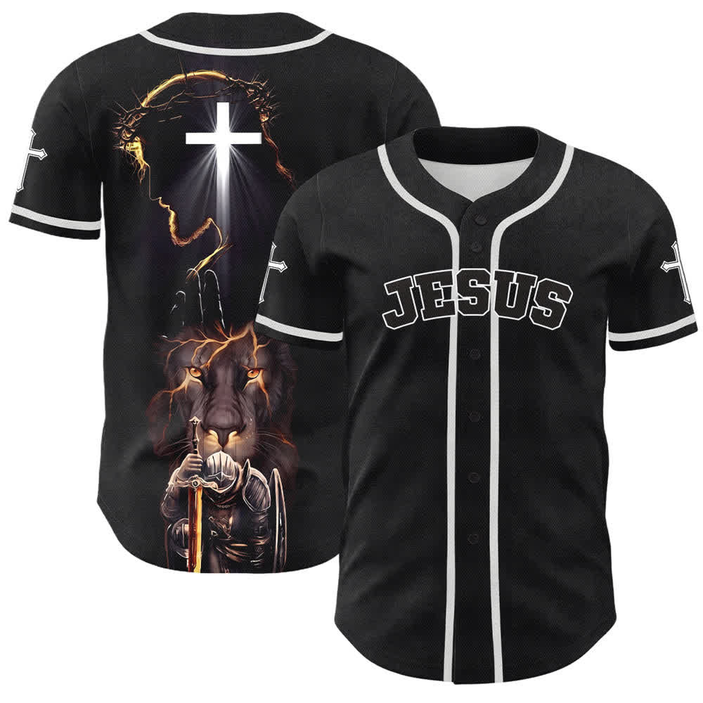 Christianartworkshop Schwarzes Baseballtrikot mit Knöpfen mit Jesus-Löwen-Motiv - Weiß - 5XL - image 0