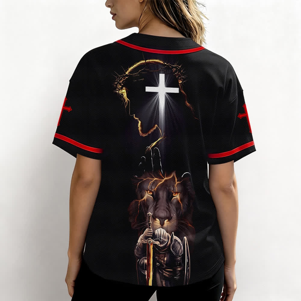Christianartworkshop Schwarzes Baseballtrikot mit Knöpfen mit Jesus-Löwen-Motiv - image 10