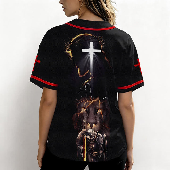 Christianartworkshop Schwarzes Baseballtrikot mit Knöpfen mit Jesus-Löwen-Motiv - image 10