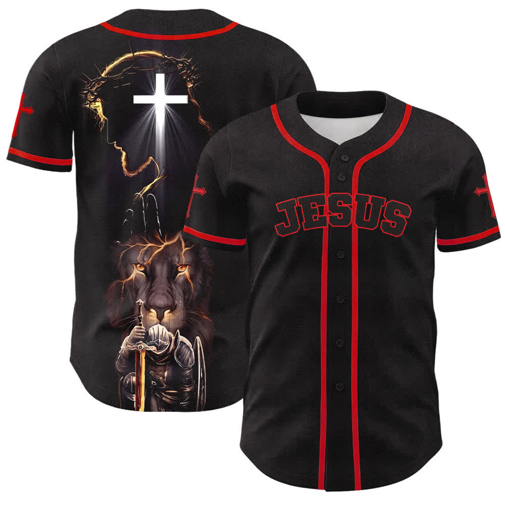 Christianartworkshop Schwarzes Baseballtrikot mit Knöpfen mit Jesus-Löwen-Motiv - Rot - 5XL - image 7