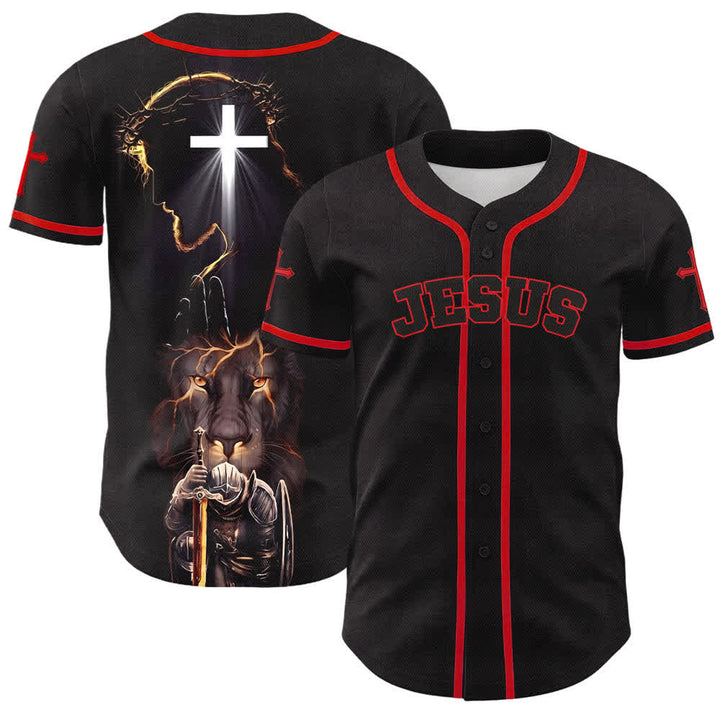 Christianartworkshop Schwarzes Baseballtrikot mit Knöpfen mit Jesus-Löwen-Motiv - Rot - 5XL - image 7