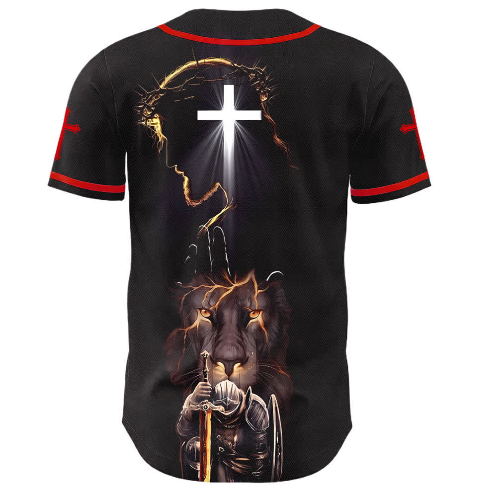 Christianartworkshop Schwarzes Baseballtrikot mit Knöpfen mit Jesus-Löwen-Motiv - image 8