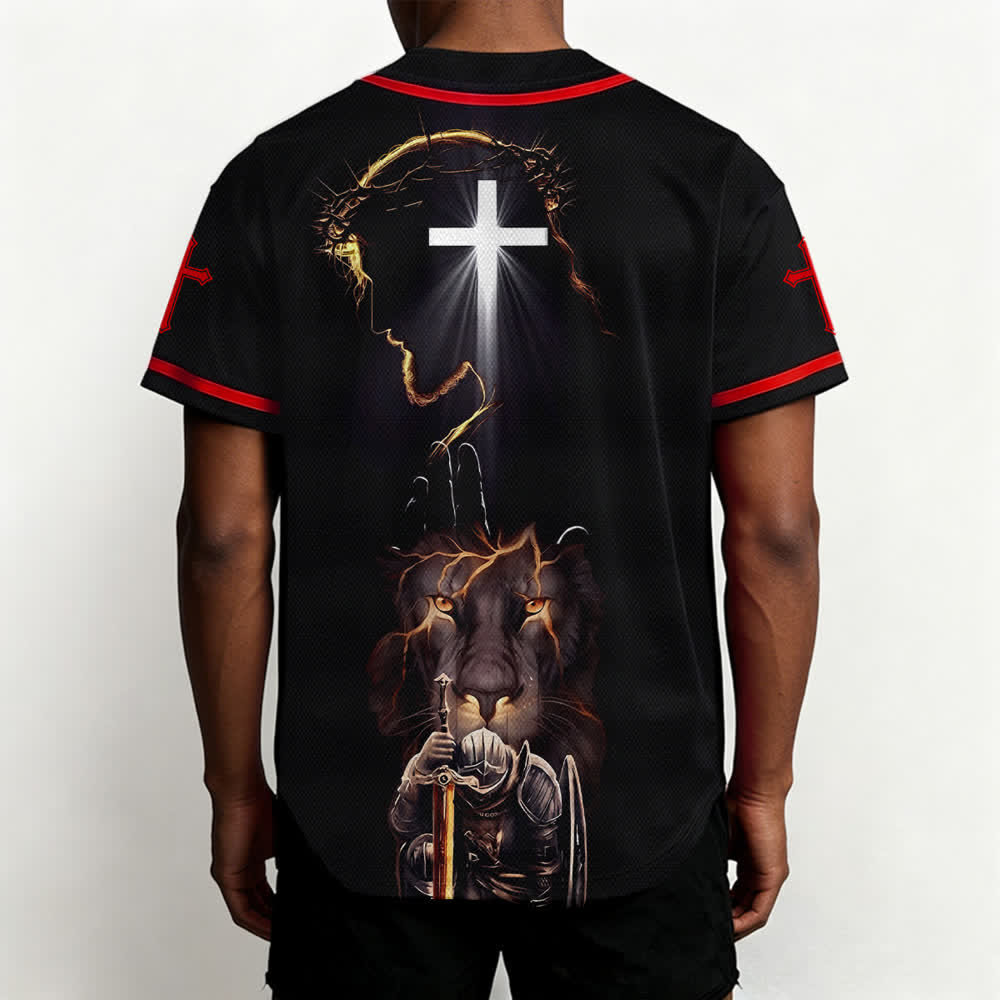 Christianartworkshop Schwarzes Baseballtrikot mit Knöpfen mit Jesus-Löwen-Motiv - image 12