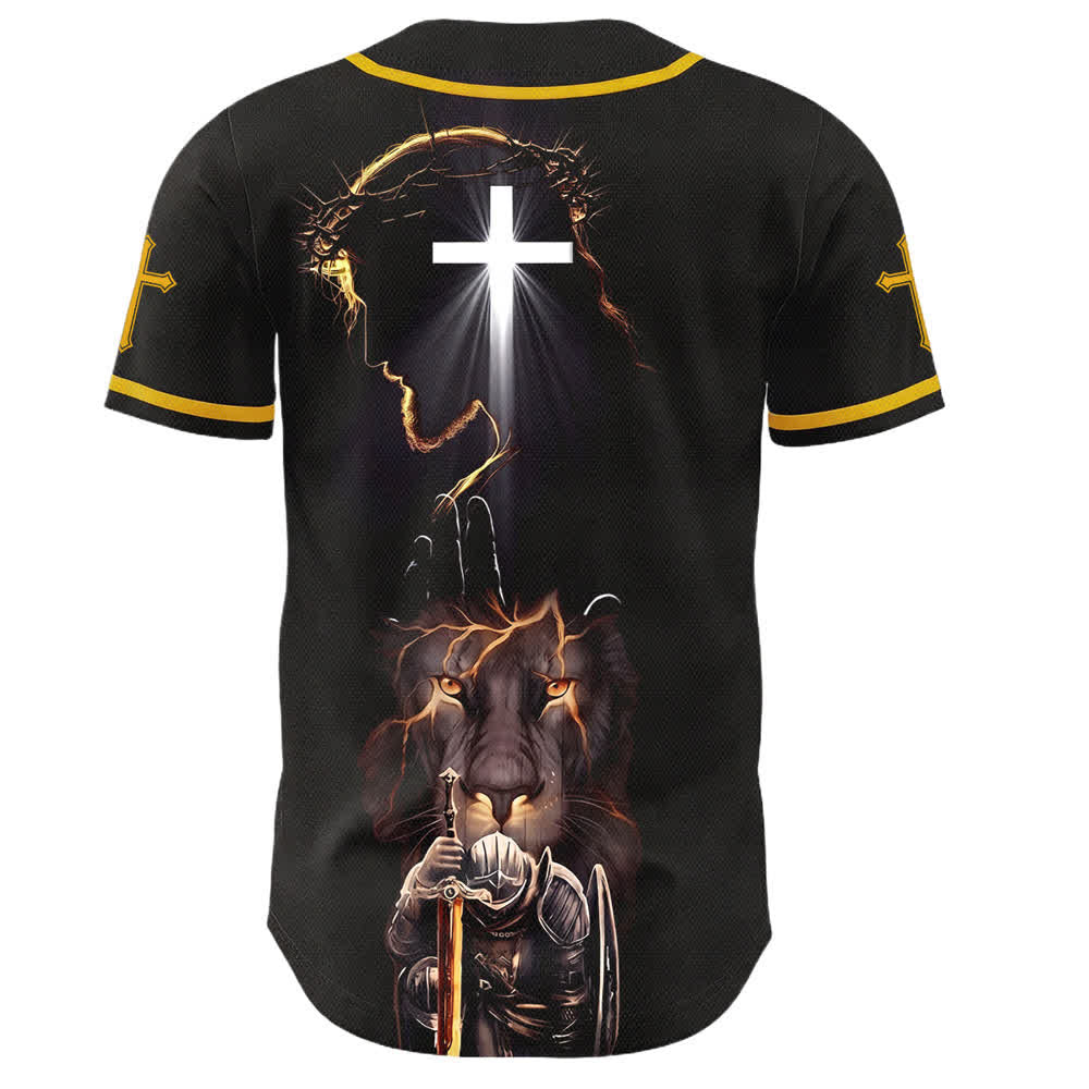 Christianartworkshop Schwarzes Baseballtrikot mit Knöpfen mit Jesus-Löwen-Motiv - image 15
