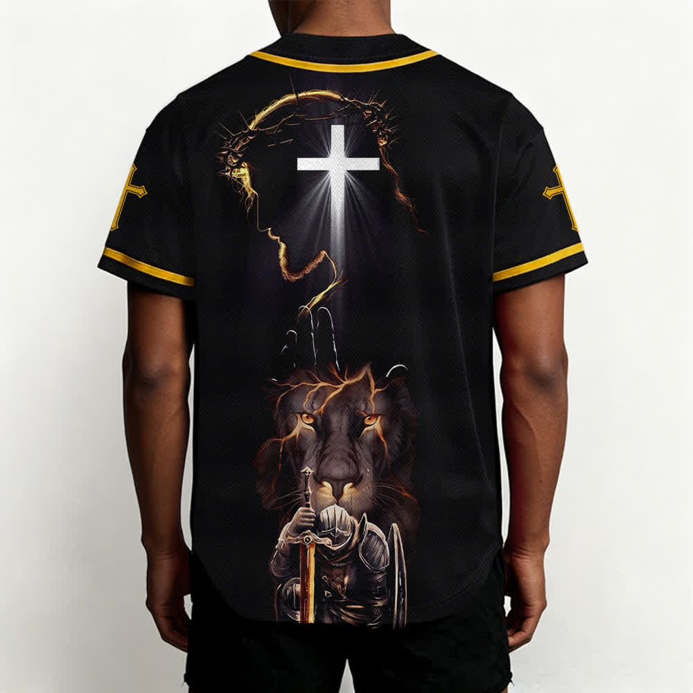 Christianartworkshop Schwarzes Baseballtrikot mit Knöpfen mit Jesus-Löwen-Motiv - image 19