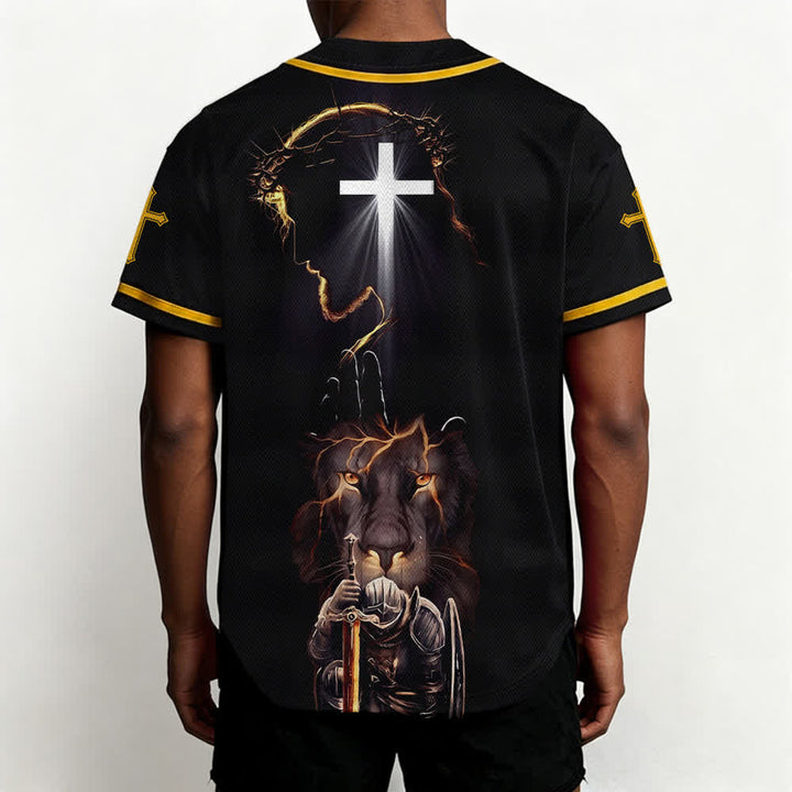 Christianartworkshop Schwarzes Baseballtrikot mit Knöpfen mit Jesus-Löwen-Motiv - image 19