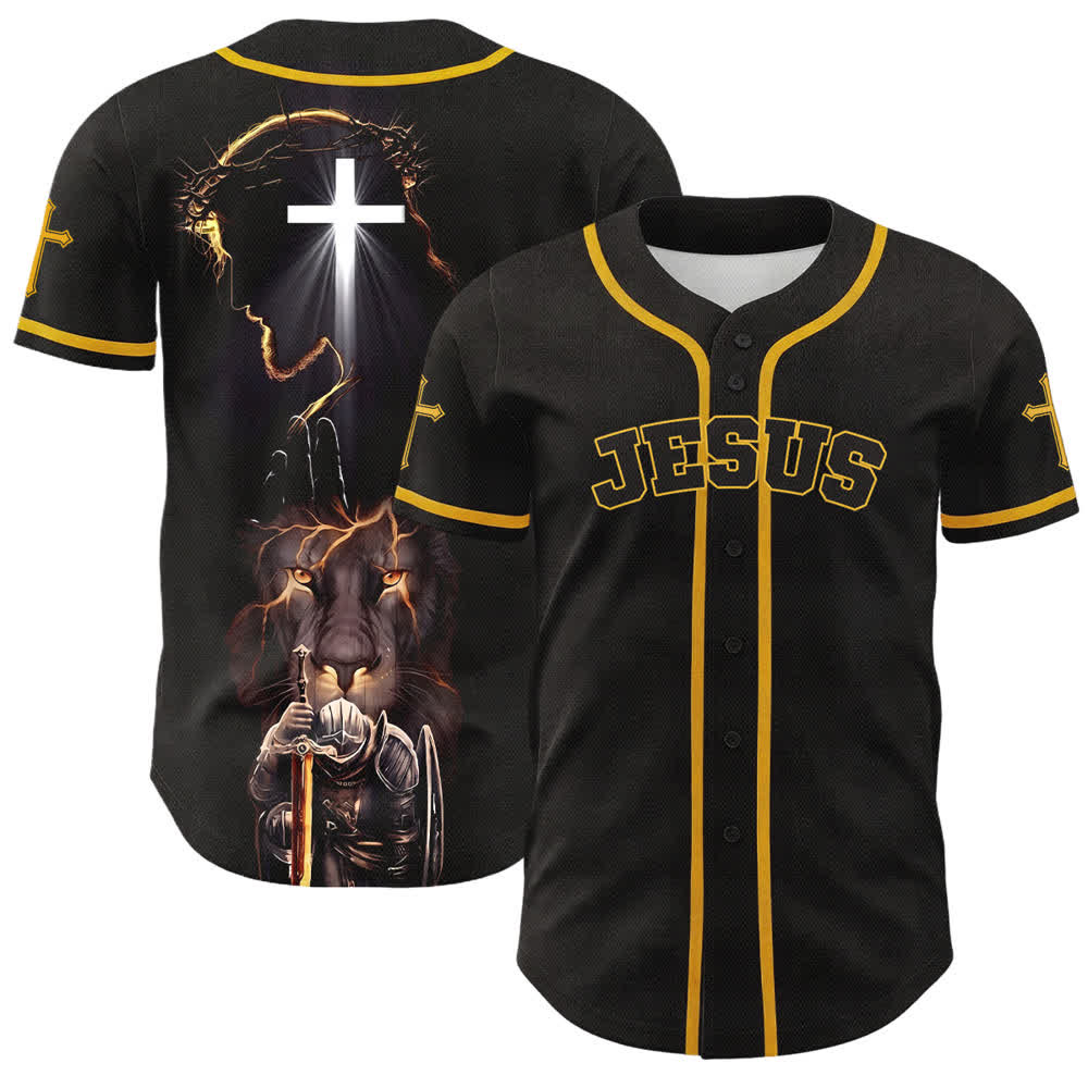 Christianartworkshop Schwarzes Baseballtrikot mit Knöpfen mit Jesus-Löwen-Motiv - Gelb - 5XL - image 14