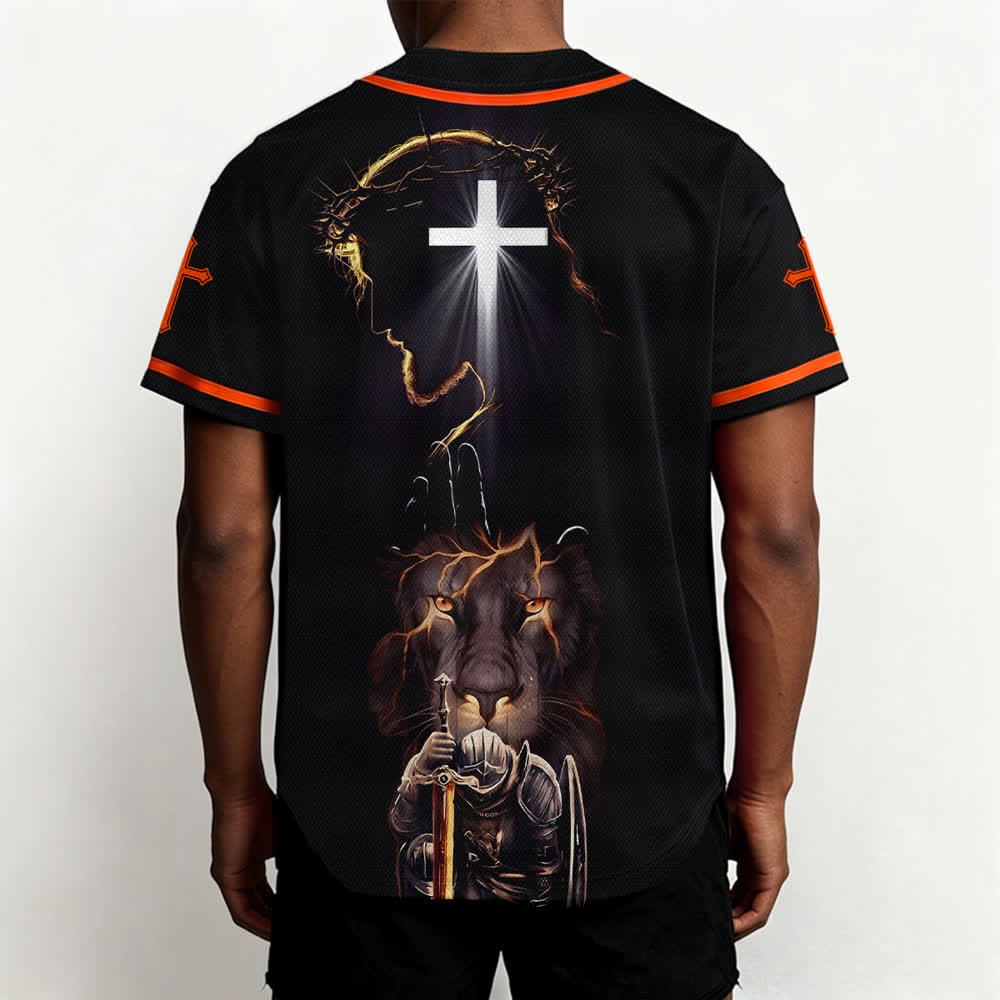 Christianartworkshop Schwarzes Baseballtrikot mit Knöpfen mit Jesus-Löwen-Motiv - image 24