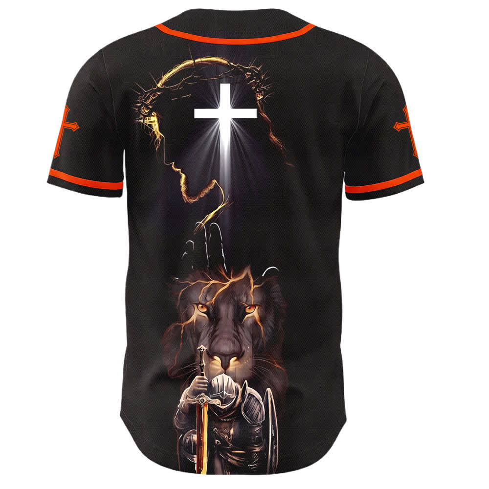Christianartworkshop Schwarzes Baseballtrikot mit Knöpfen mit Jesus-Löwen-Motiv - image 22