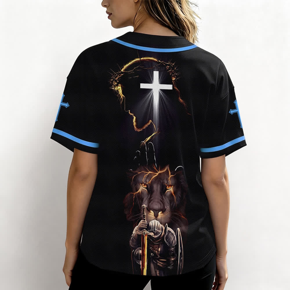 Christianartworkshop Schwarzes Baseballtrikot mit Knöpfen mit Jesus-Löwen-Motiv - image 31