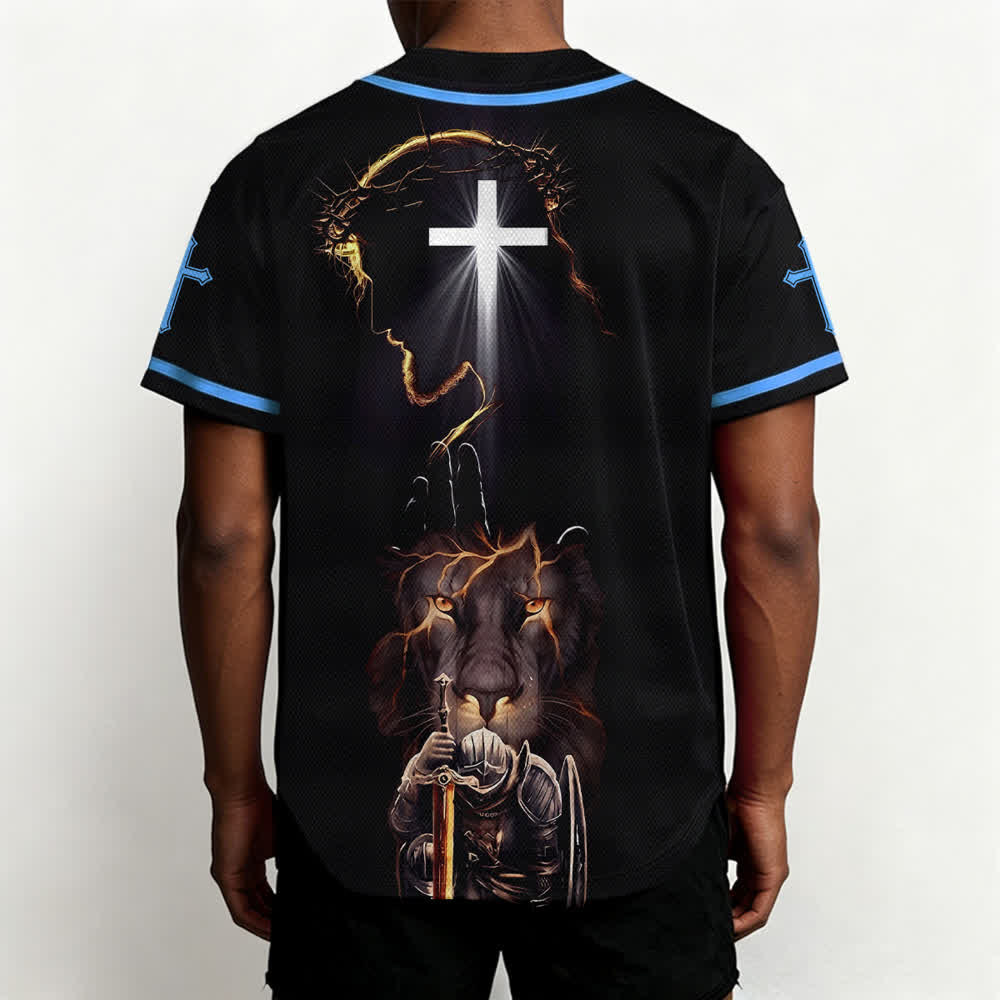 Christianartworkshop Schwarzes Baseballtrikot mit Knöpfen mit Jesus-Löwen-Motiv - image 33