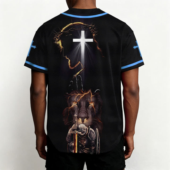 Christianartworkshop Schwarzes Baseballtrikot mit Knöpfen mit Jesus-Löwen-Motiv - image 33