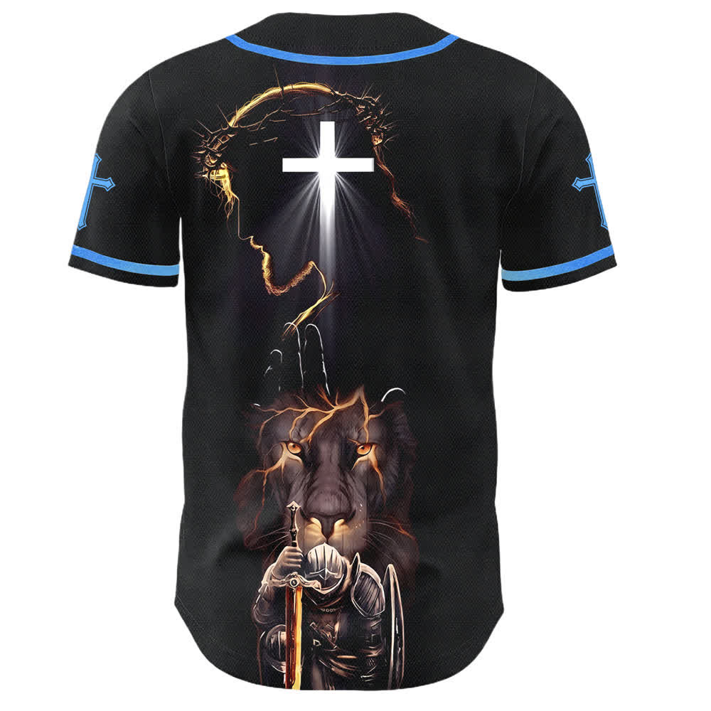 Christianartworkshop Schwarzes Baseballtrikot mit Knöpfen mit Jesus-Löwen-Motiv - image 29