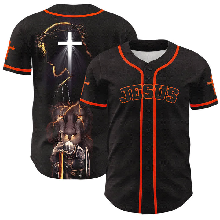 Christianartworkshop Schwarzes Baseballtrikot mit Knöpfen mit Jesus-Löwen-Motiv - Orange - 5XL - image 21