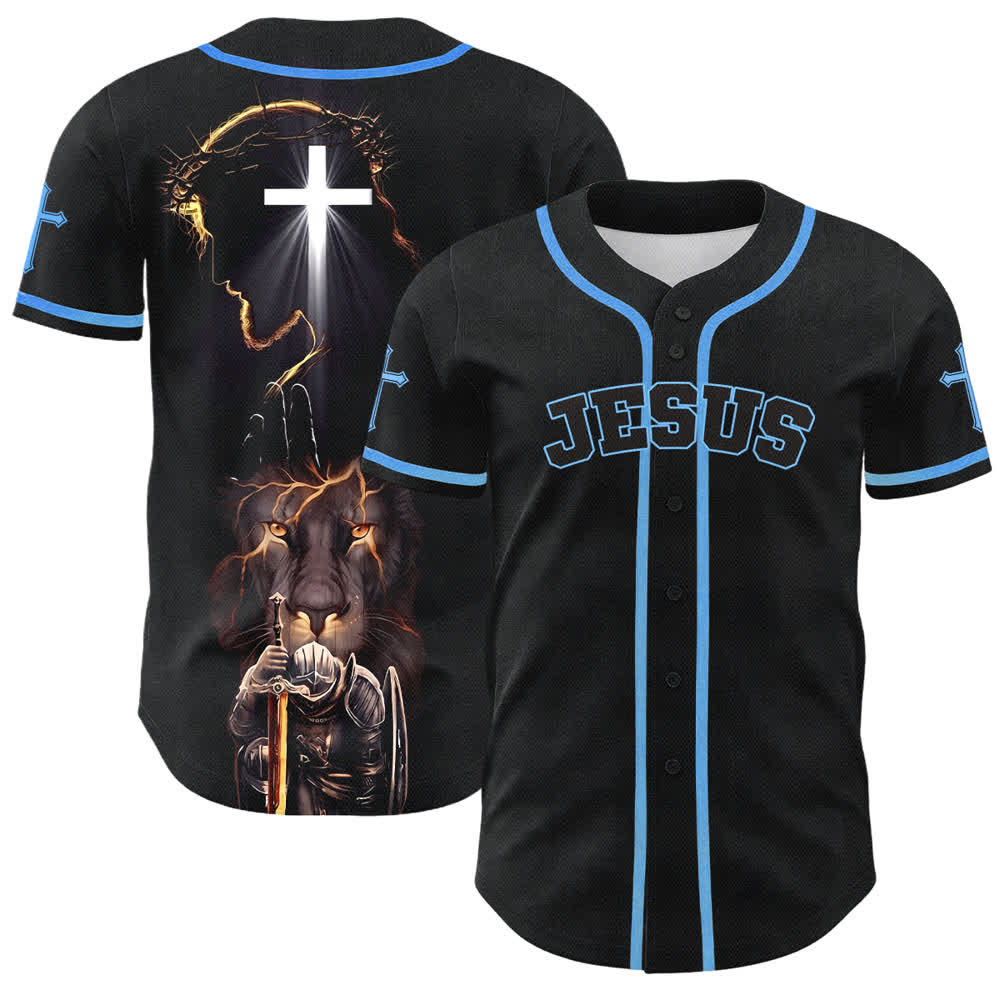 Christianartworkshop Schwarzes Baseballtrikot mit Knöpfen mit Jesus-Löwen-Motiv - Himmelblau - 5XL - image 28