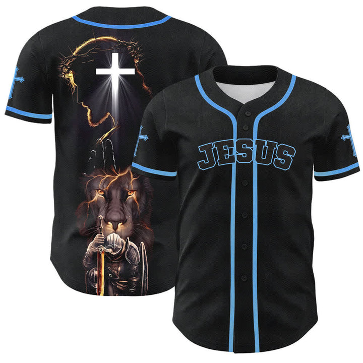 Christianartworkshop Schwarzes Baseballtrikot mit Knöpfen mit Jesus-Löwen-Motiv - Himmelblau - 5XL - image 28