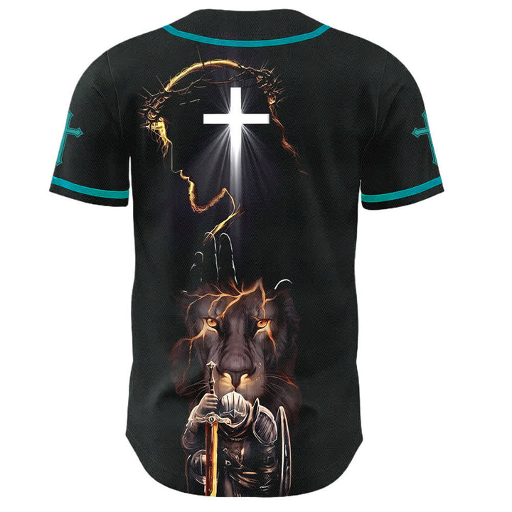 Christianartworkshop Schwarzes Baseballtrikot mit Knöpfen mit Jesus-Löwen-Motiv - image 36