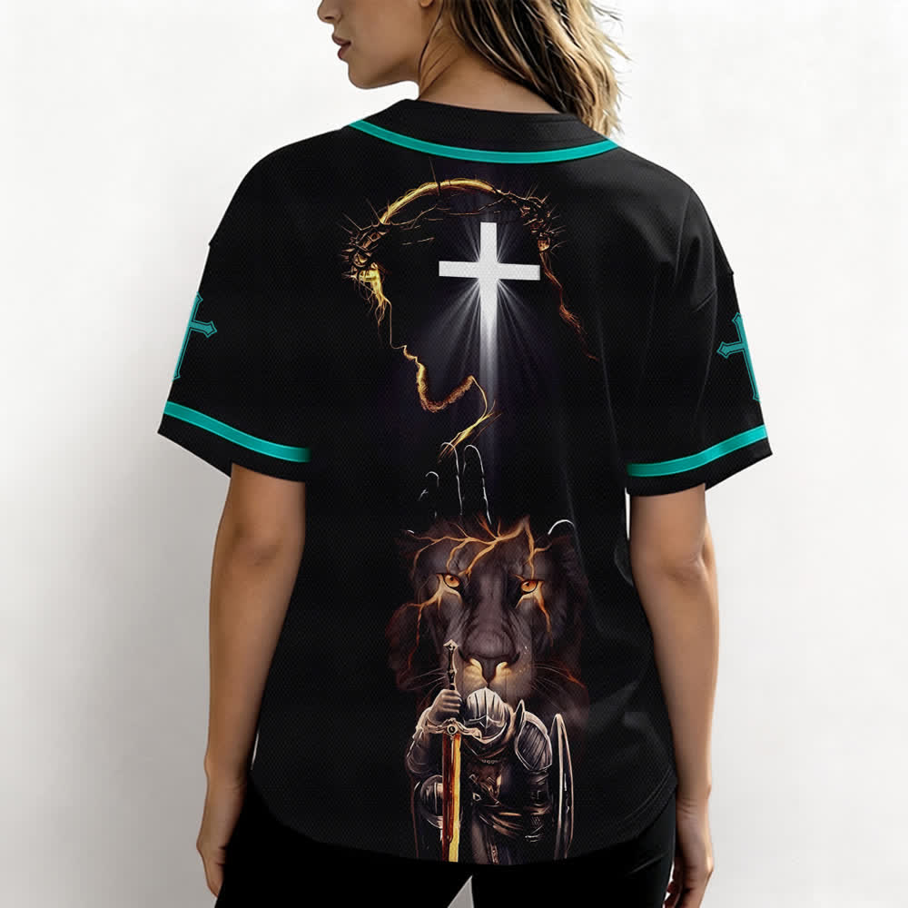 Christianartworkshop Schwarzes Baseballtrikot mit Knöpfen mit Jesus-Löwen-Motiv - image 38